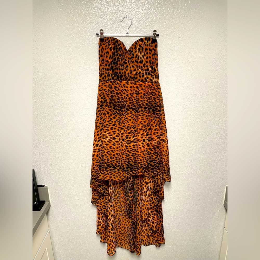Orange Leopard Strapless High Low Dress